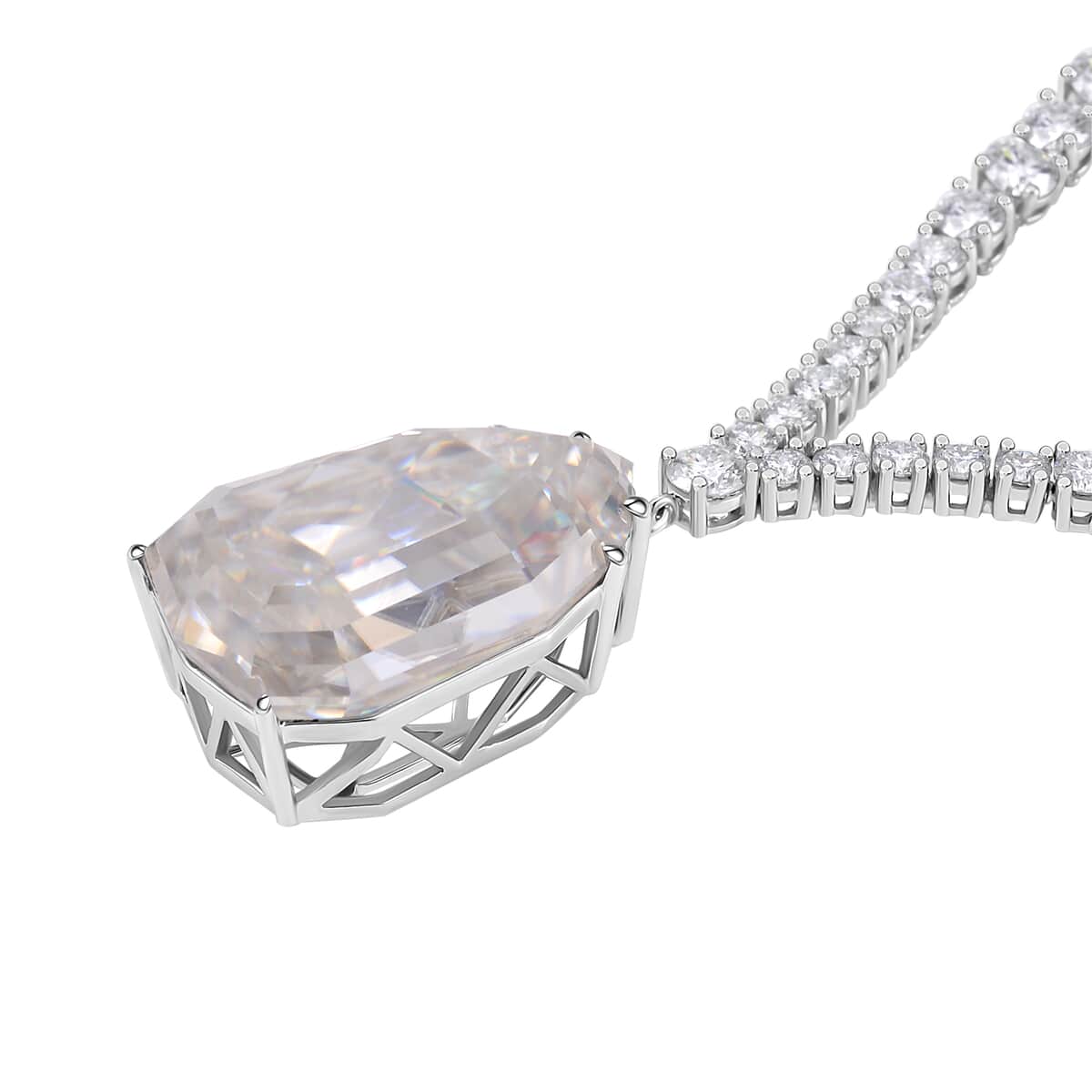 Moissanite (Fancy 30x20mm) Drop Necklace (18 Inches) in Rhodium Over Sterling Silver 100.40 ctw image number 4