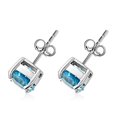 Premium Swiss Blue Topaz Solitaire Stud Earrings in Platinum Over Sterling Silver 5.00 ctw