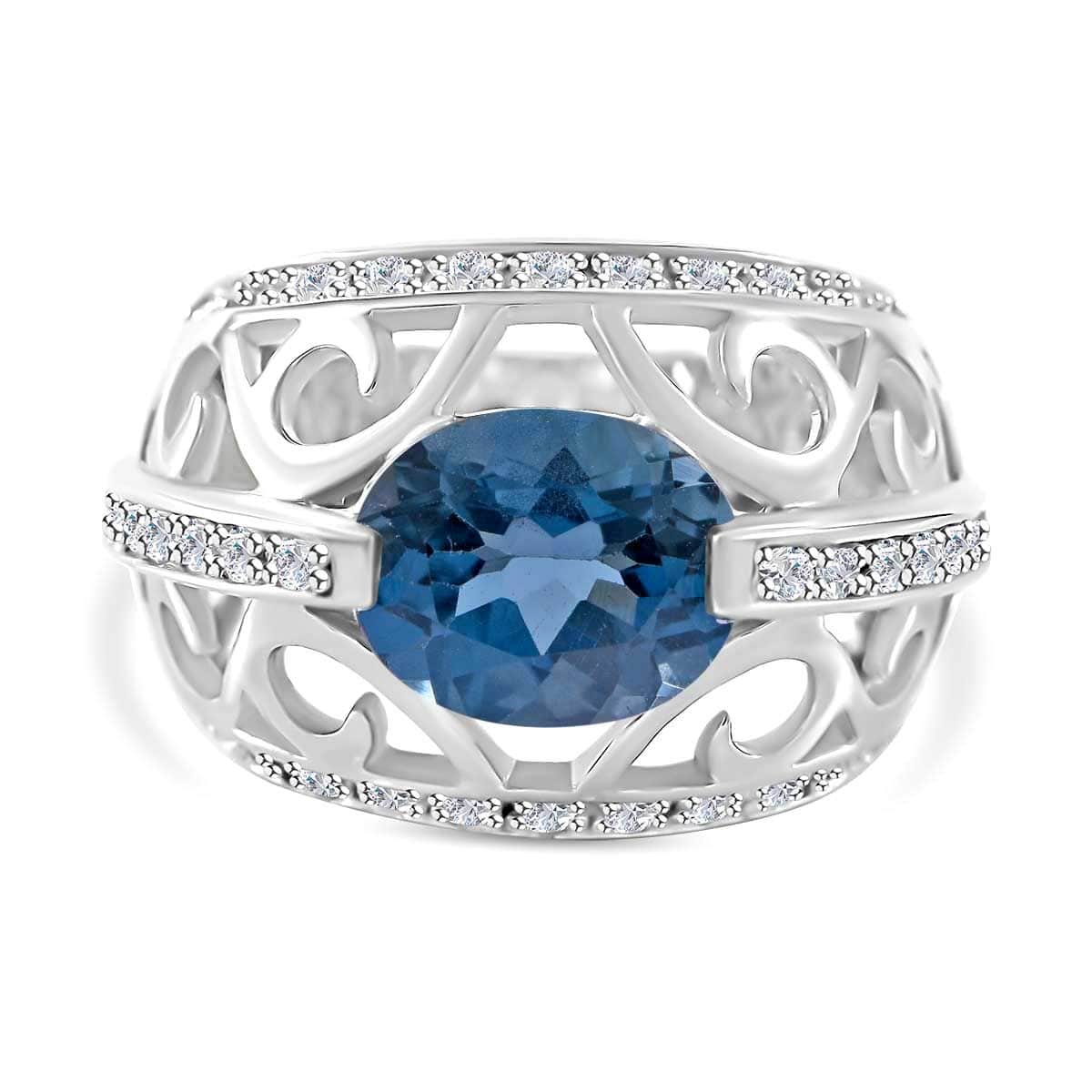 Premium London Blue Topaz, White Zircon Ring in Platinum Over Sterling Silver (Size 6.0) 5.15 ctw image number 0