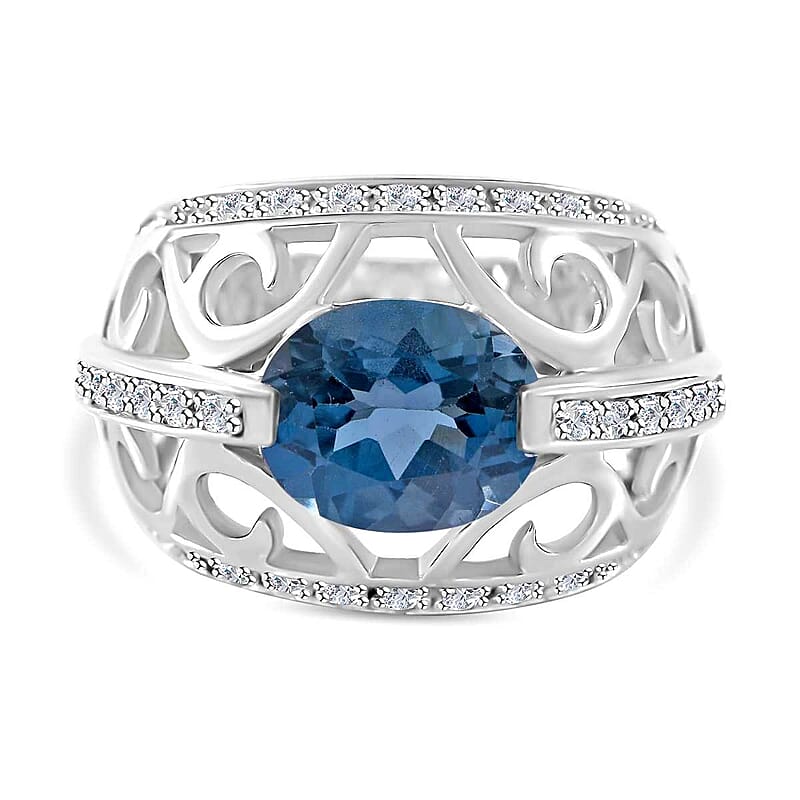 Premium London Blue Topaz and White Zircon Ring in Platinum Over Sterling Silver (Size 10.0) 5.15 ctw