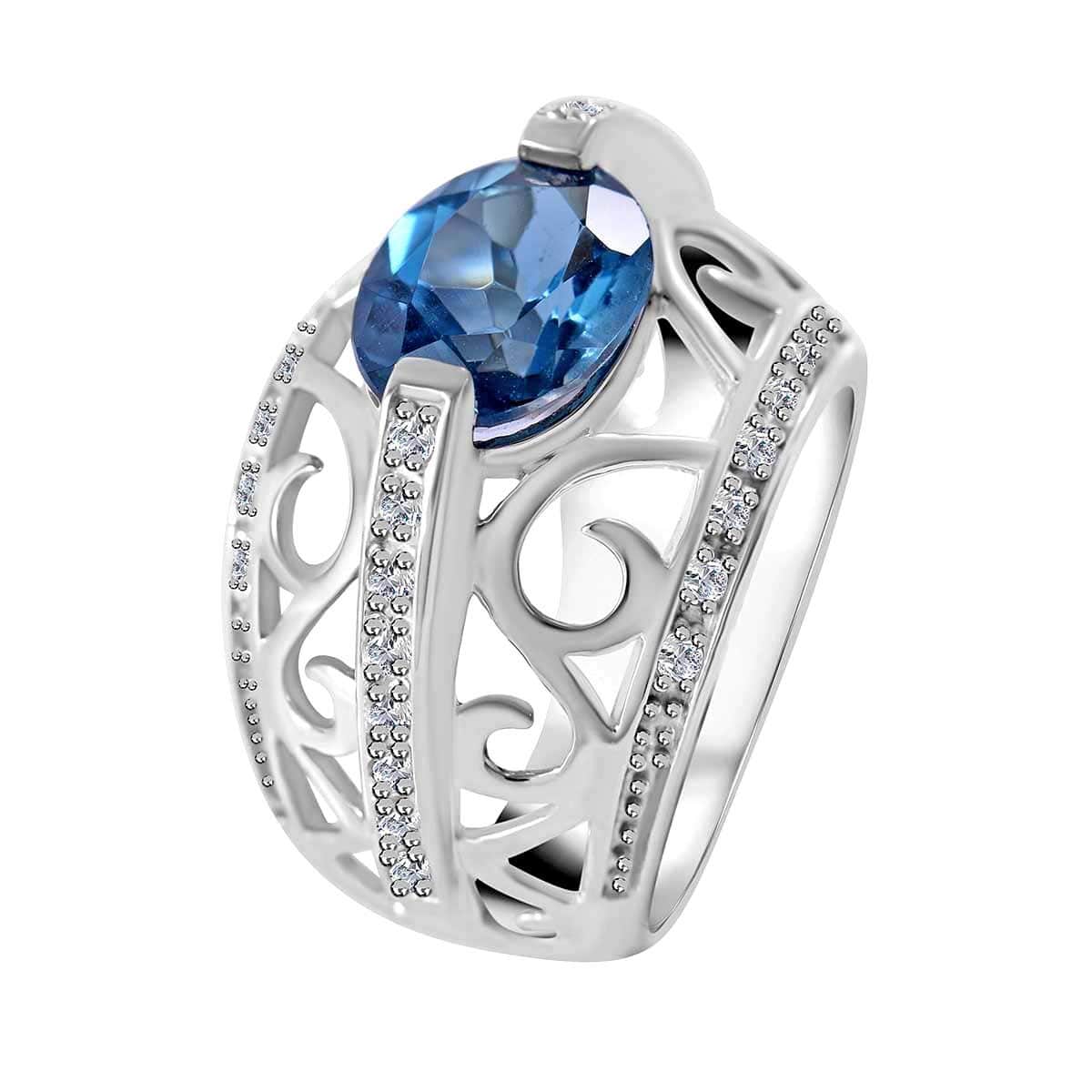 Premium London Blue Topaz, White Zircon Ring in Platinum Over Sterling Silver (Size 6.0) 5.15 ctw image number 2