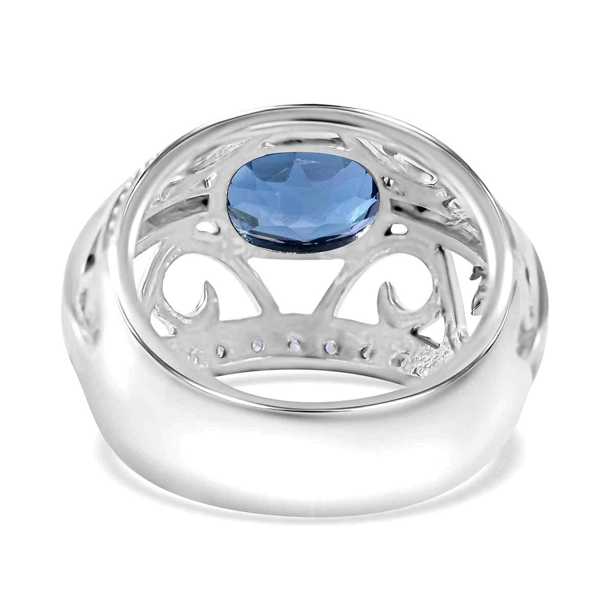 Premium London Blue Topaz, White Zircon Ring in Platinum Over Sterling Silver (Size 6.0) 5.15 ctw image number 3