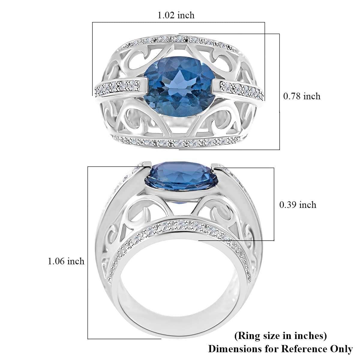 Premium London Blue Topaz, White Zircon Ring in Platinum Over Sterling Silver (Size 6.0) 5.15 ctw image number 4