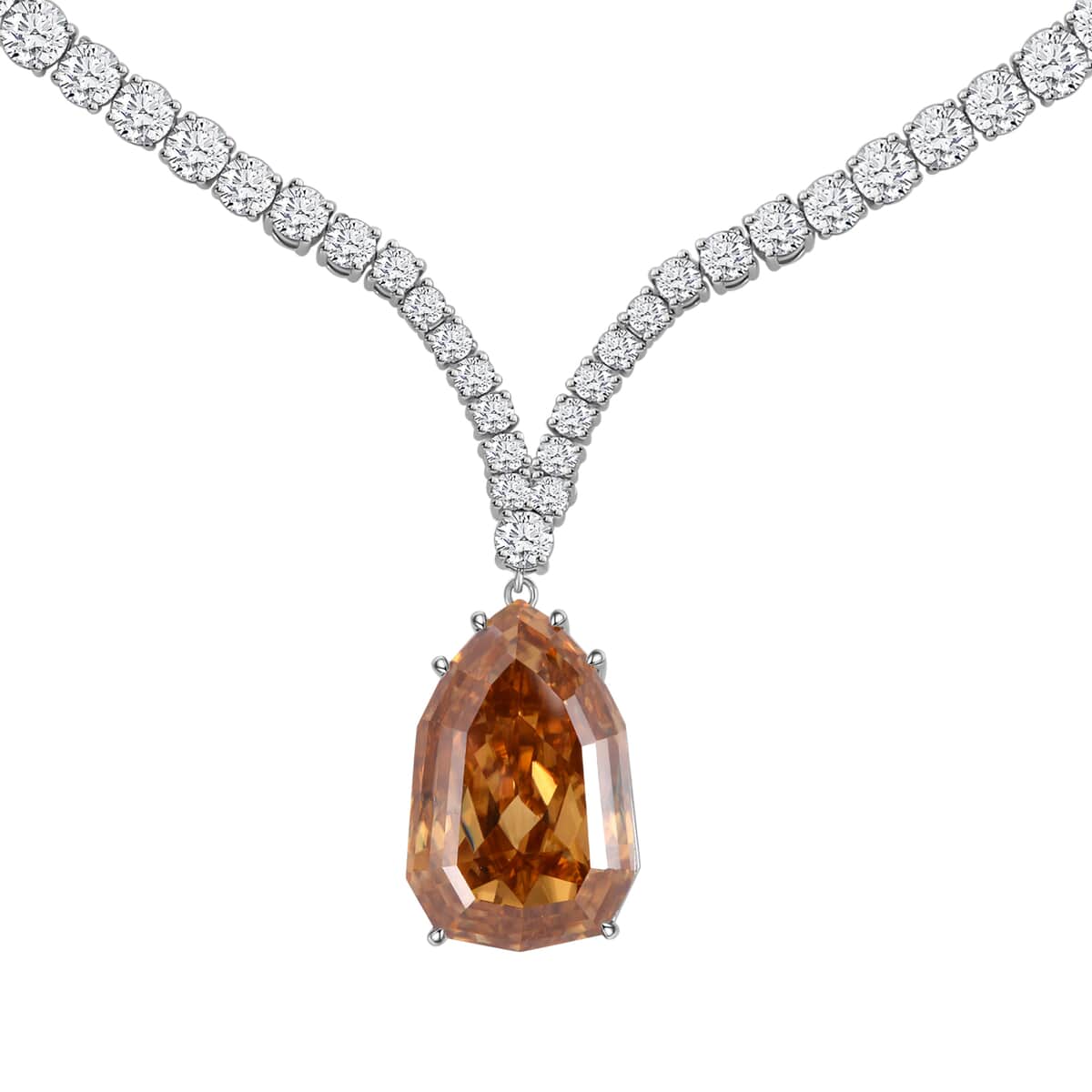 Champagne and White Moissanite Drop Necklace 18 Inches in Rhodium Over Sterling Silver 99.65 ctw image number 0