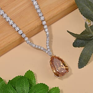 Champagne and White Moissanite Drop Necklace 18 Inches in Rhodium Over Sterling Silver 99.65 ctw