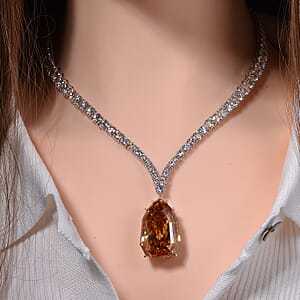 Champagne and White Moissanite Drop Necklace 18 Inches in Rhodium Over Sterling Silver 99.65 ctw