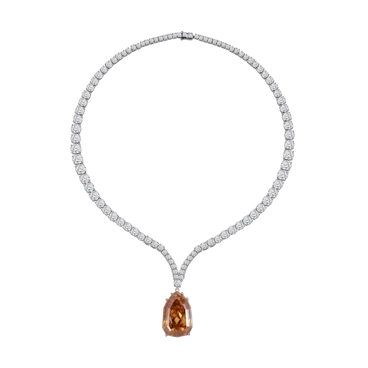 Champagne and White Moissanite Drop Necklace 18 Inches in Rhodium Over Sterling Silver 99.65 ctw image number 3