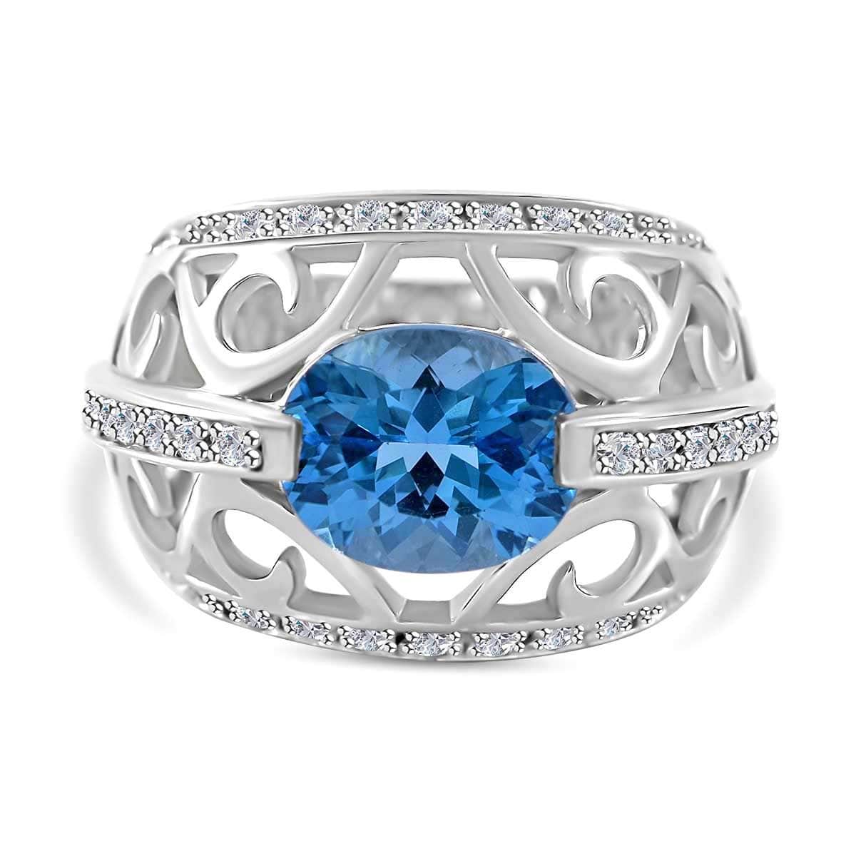 Premium Swiss Blue Topaz and White Zircon Ring in Platinum Over Sterling Silver (Size 6.0) 5.15 ctw image number 0