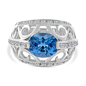 Premium Swiss Blue Topaz and White Zircon Ring in Platinum Over Sterling Silver (Size 6.0) 5.15 ctw