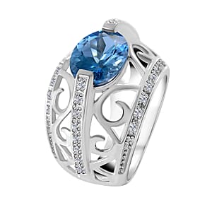 Premium Swiss Blue Topaz and White Zircon Ring in Platinum Over Sterling Silver (Size 6.0) 5.15 ctw