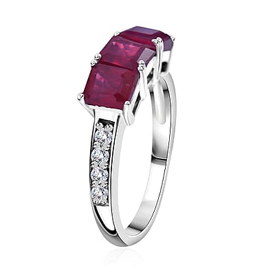 Premium Niassa Ruby (FF) and White Zircon Trinity Ring in Platinum Over Sterling Silver (Size 10.0) 3.15 ctw