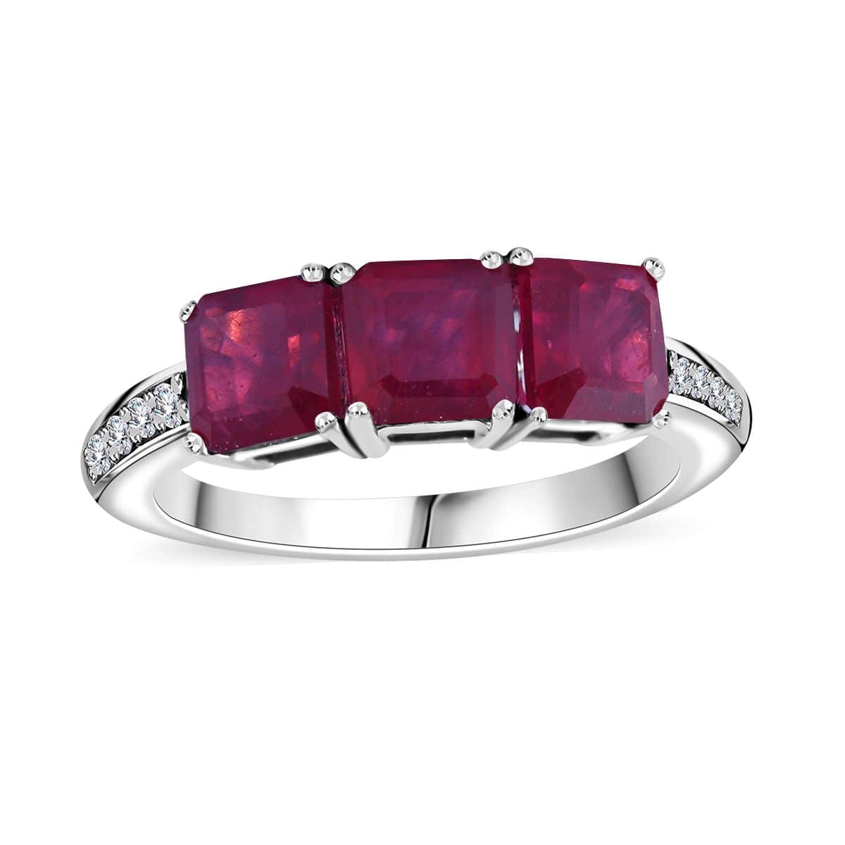 Premium Niassa Ruby (FF) and White Zircon Trinity Ring in Platinum Over Sterling Silver (Size 7.0) 3.15 ctw image number 0