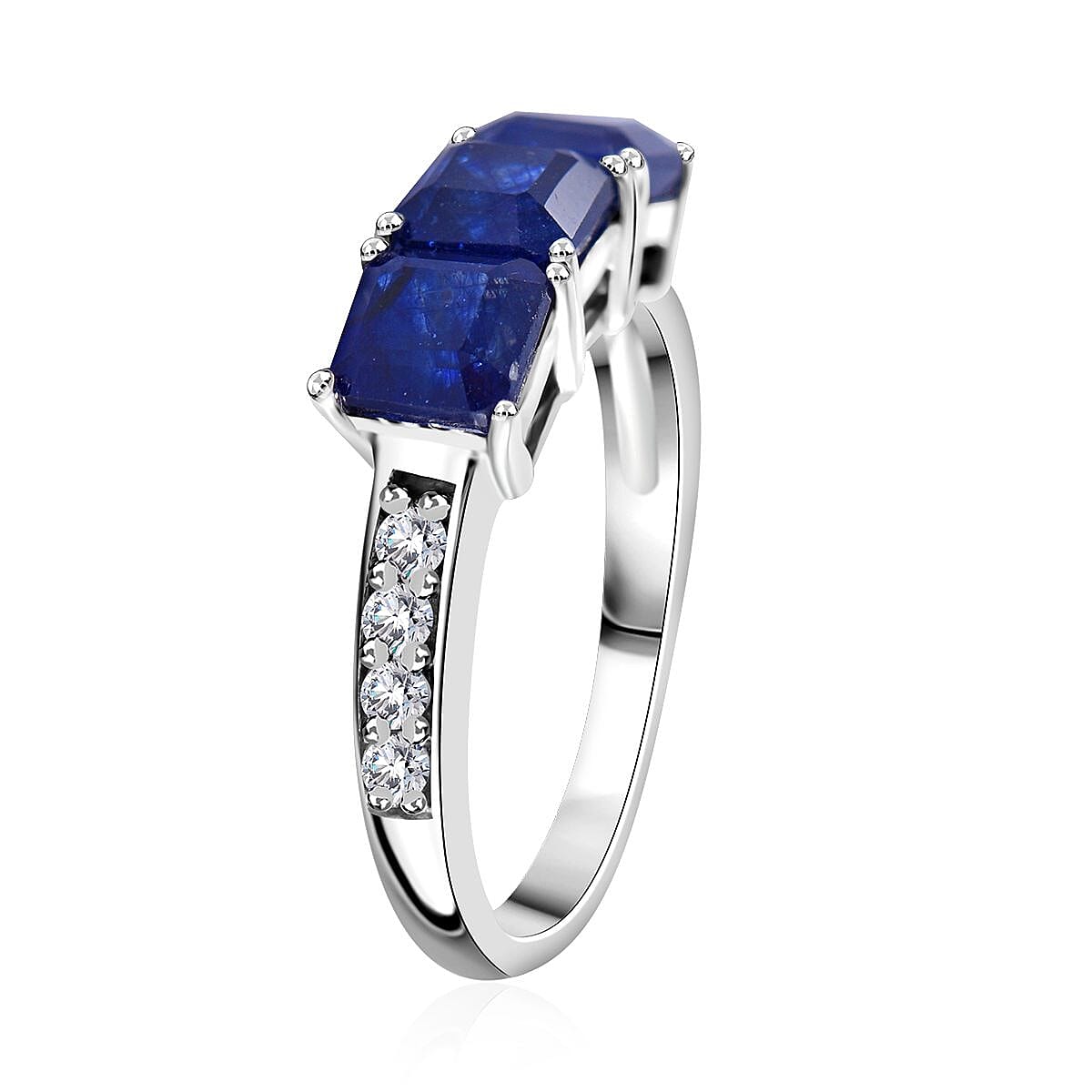 Premium Masoala Sapphire (D) and White Zircon Trinity Ring in Platinum Over Sterling Silver (Size 5.0) 3.15 ctw image number 2