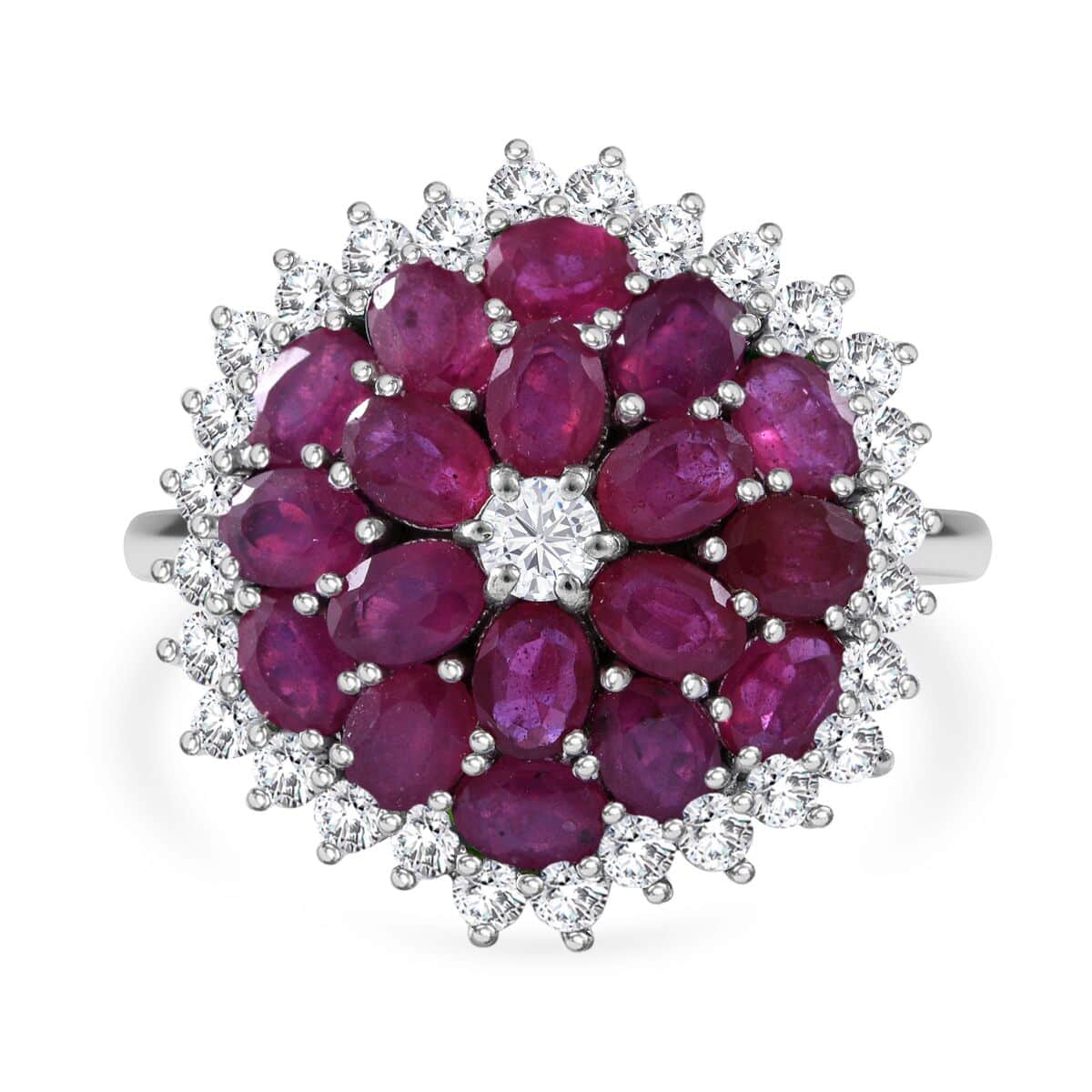 Niassa Ruby (FF) and White Zircon Floral Spray Ring in Platinum Over Sterling Silver (Size 10.0) 6.10 ctw image number 0