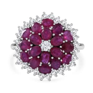 Niassa Ruby (FF) and White Zircon Floral Spray Ring in Platinum Over Sterling Silver (Size 10.0) 6.10 ctw