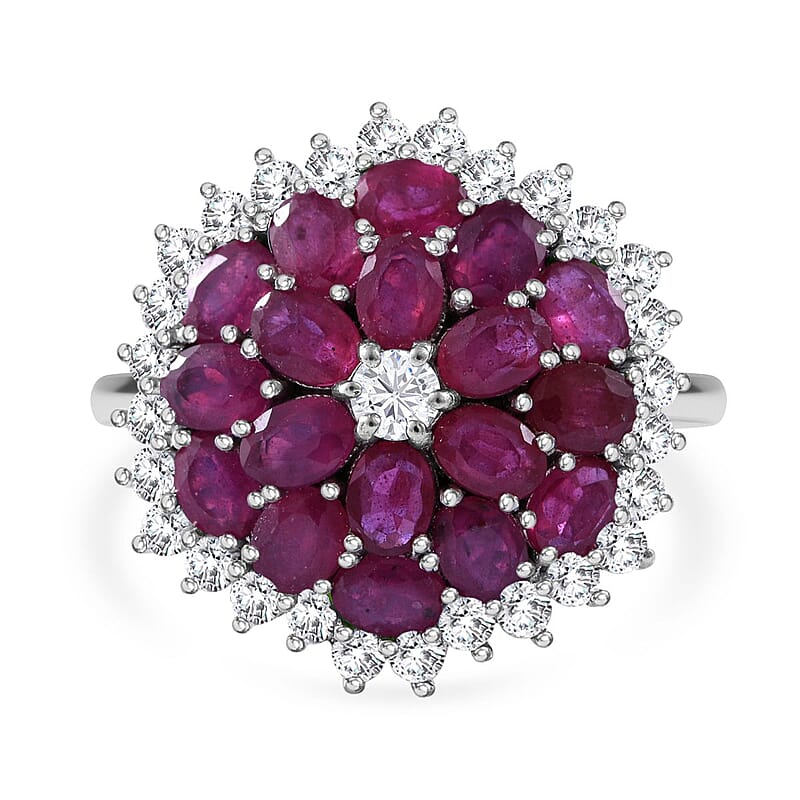 Niassa Ruby (FF) and White Zircon Floral Spray Ring in Platinum Over Sterling Silver (Size 10.0) 6.10 ctw