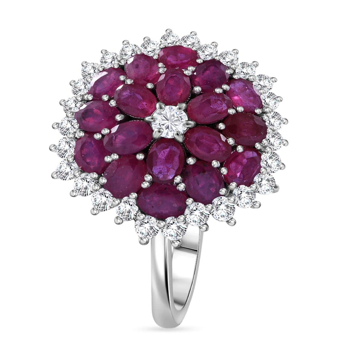 Niassa Ruby (FF) and White Zircon Floral Spray Ring in Platinum Over Sterling Silver (Size 10.0) 6.10 ctw image number 2