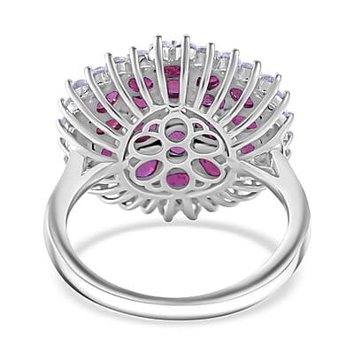 Niassa Ruby (FF) and White Zircon Floral Spray Ring in Platinum Over Sterling Silver (Size 10.0) 6.10 ctw
