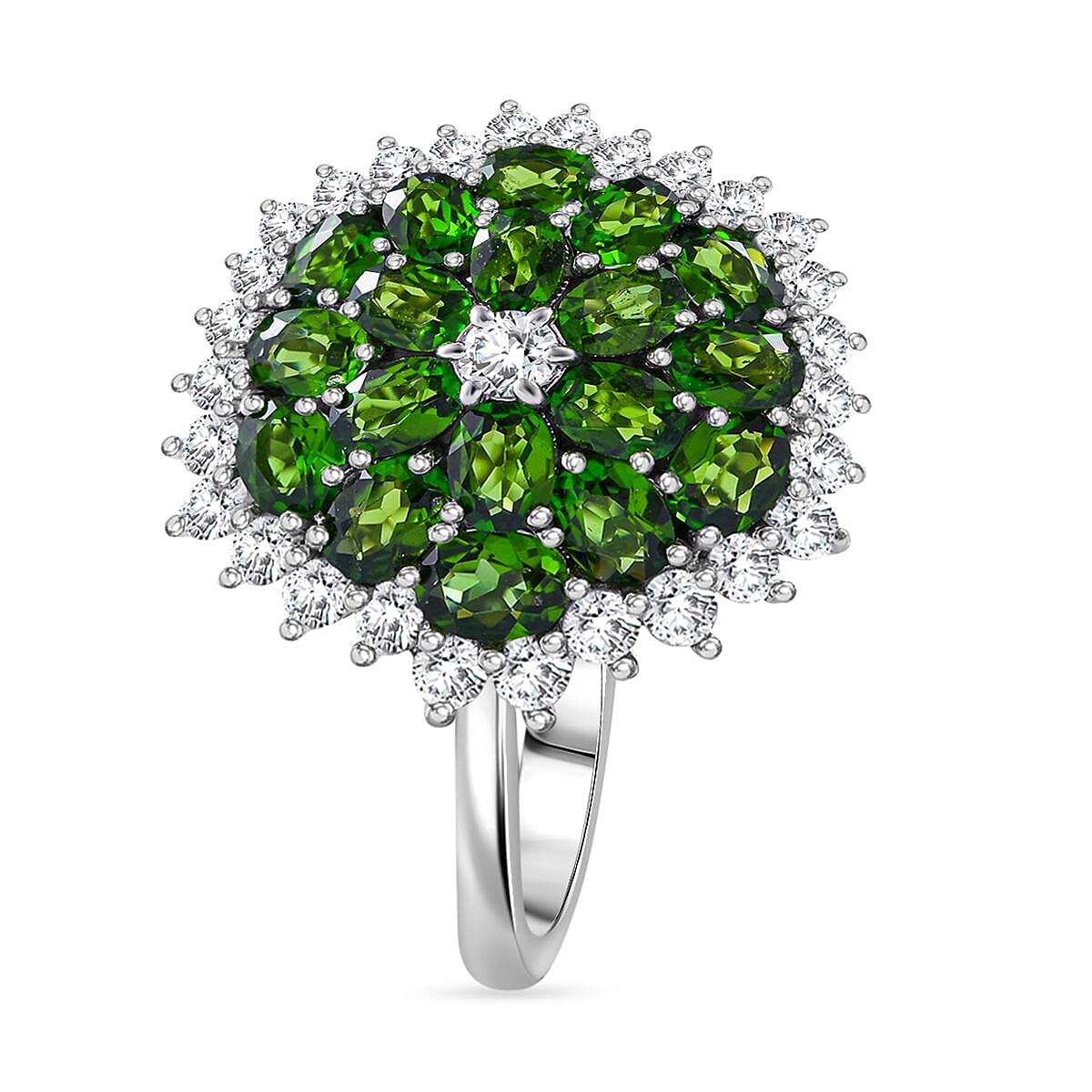 Chrome Diopside and White Zircon Floral Spray Ring in Platinum Over Sterling Silver (Size 6.0) 4.85 ctw image number 2
