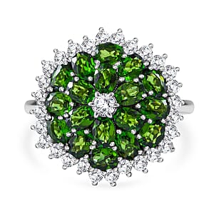 Chrome Diopside and White Zircon Floral Spray Ring in Platinum Over Sterling Silver (Size 8.0) 4.85 ctw