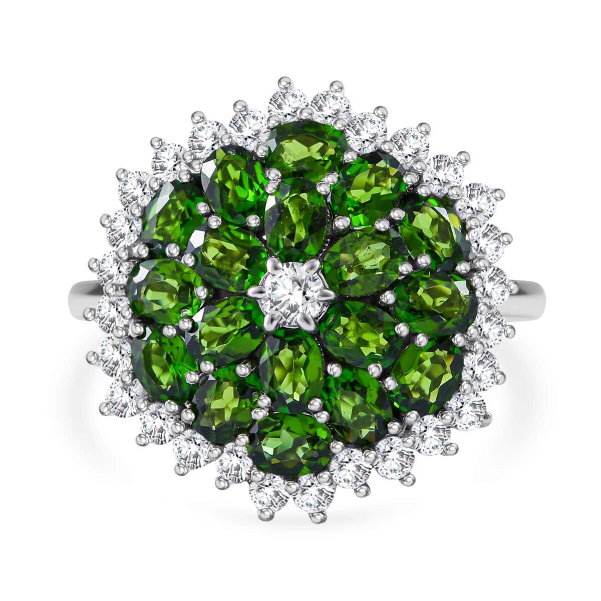 Chrome Diopside and White Zircon Floral Spray Ring in Platinum Over Sterling Silver (Size 9.0) 4.85 ctw image number 0