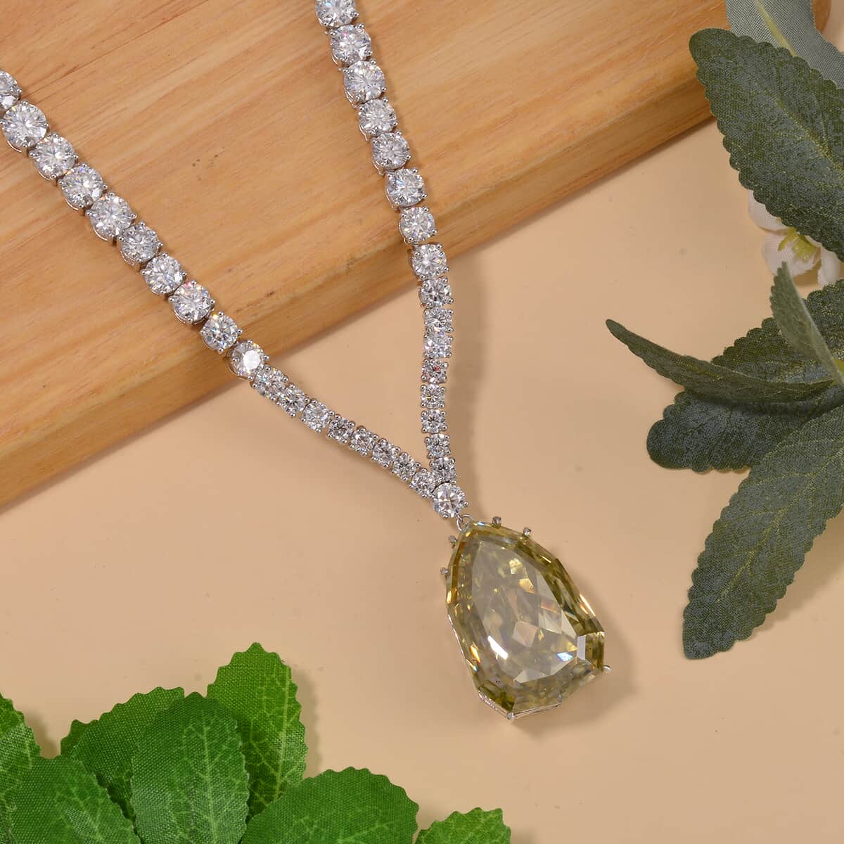 Yellow and White Moissanite Drop Necklace 18 Inches in Rhodium Over Sterling Silver 103.80 ctw image number 1