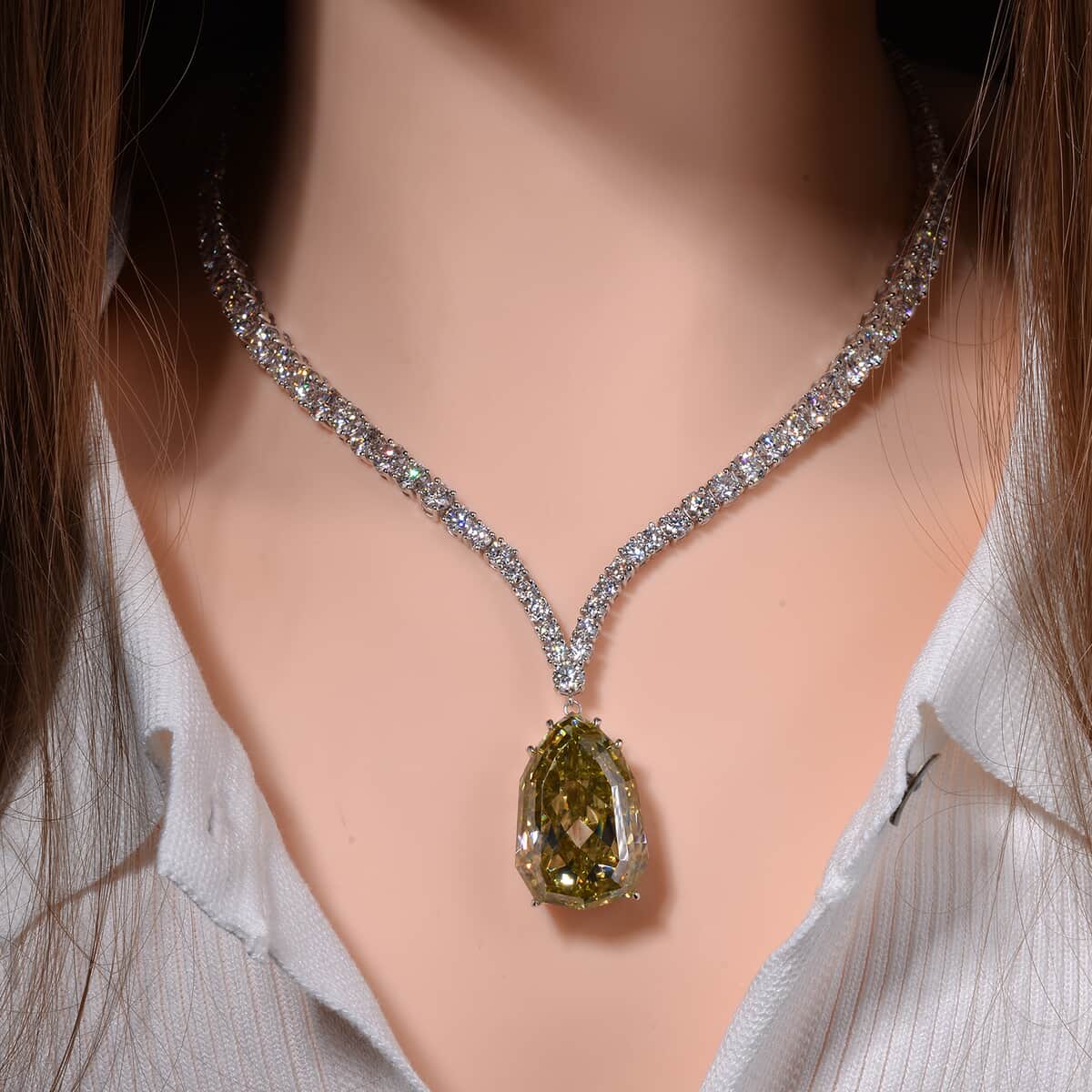 Yellow and White Moissanite Drop Necklace 18 Inches in Rhodium Over Sterling Silver 103.80 ctw image number 2