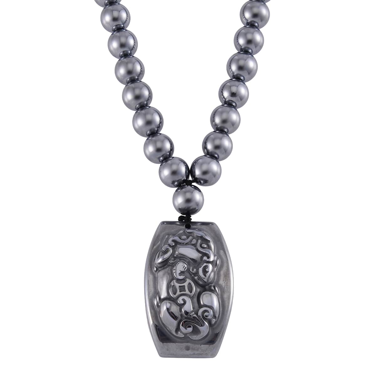 Terahertz Pi-Xiu Carved Men's Pendant with Beaded Necklace 24 Inches in Rhodium Over Sterling Silver 205.00 ctw image number 0