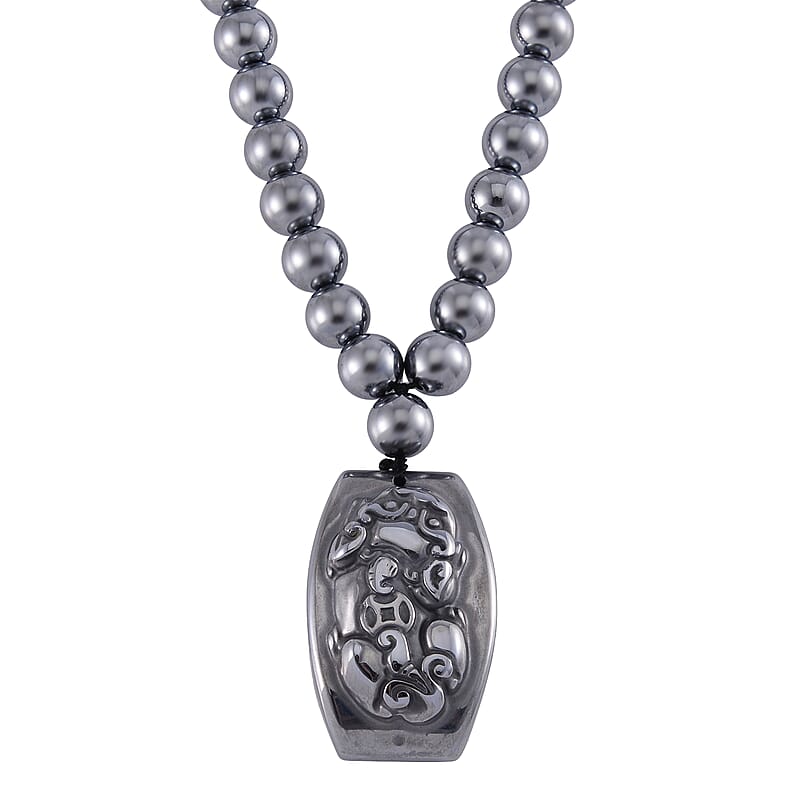 Terahertz Pi-Xiu Carved Men's Pendant with Beaded Necklace 24 Inches in Rhodium Over Sterling Silver 205.00 ctw