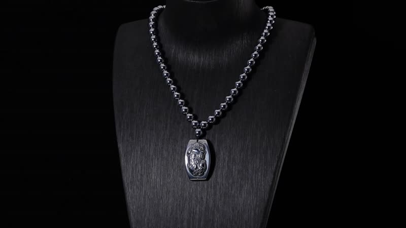 Terahertz Pi-Xiu Carved Men's Pendant with Beaded Necklace 24 Inches in Rhodium Over Sterling Silver 205.00 ctw
