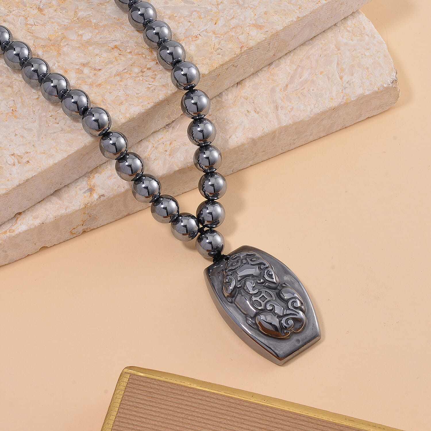 Terahertz Pi-Xiu Carved Men's Pendant with Beaded Necklace 24 Inches in Rhodium Over Sterling Silver 205.00 ctw