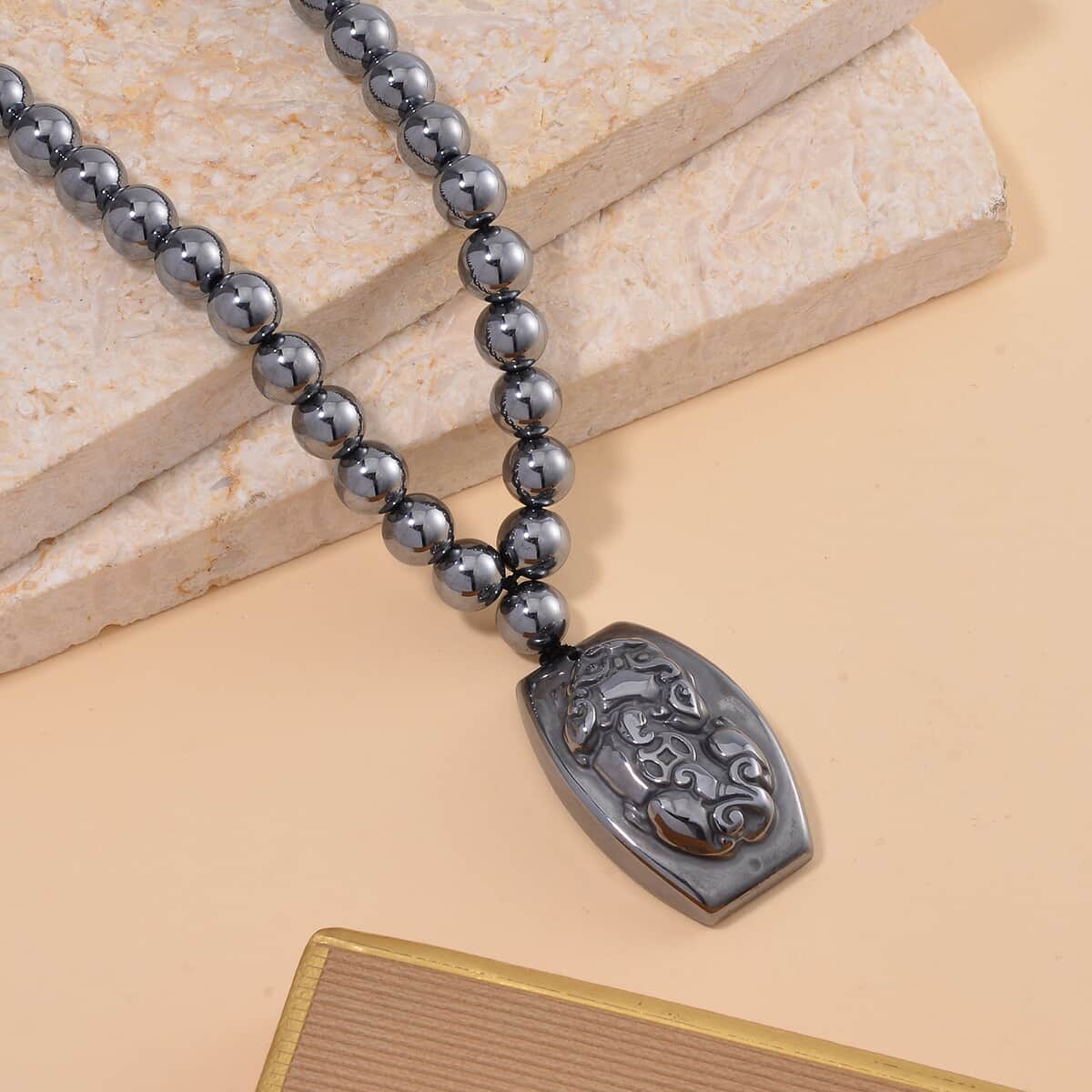 Terahertz Pi-Xiu Carved Men's Pendant with Beaded Necklace 24 Inches in Rhodium Over Sterling Silver 205.00 ctw image number 1