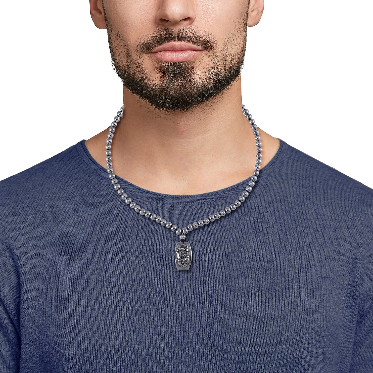 Terahertz Pi-Xiu Carved Men's Pendant with Beaded Necklace 24 Inches in Rhodium Over Sterling Silver 205.00 ctw