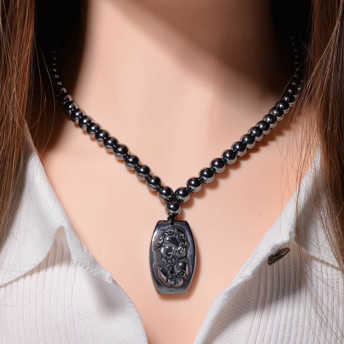 Terahertz Pi-Xiu Carved Men's Pendant with Beaded Necklace 24 Inches in Rhodium Over Sterling Silver 205.00 ctw image number 2