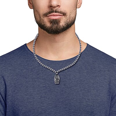Terahertz Pi-Xiu Carved Men's Pendant with Beaded Necklace 24 Inches in Rhodium Over Sterling Silver 205.00 ctw