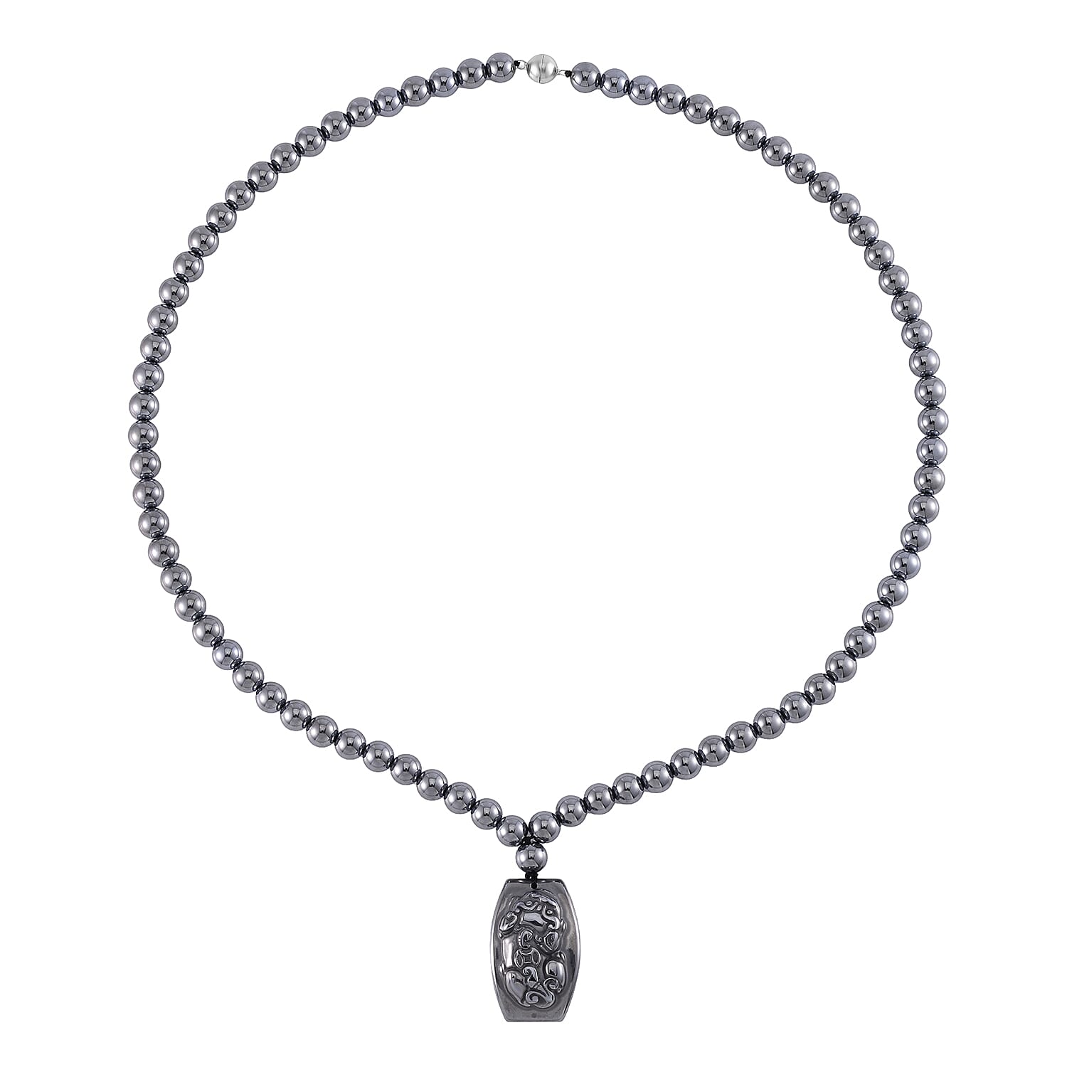 Terahertz Pi-Xiu Carved Men's Pendant with Beaded Necklace 24 Inches in Rhodium Over Sterling Silver 205.00 ctw