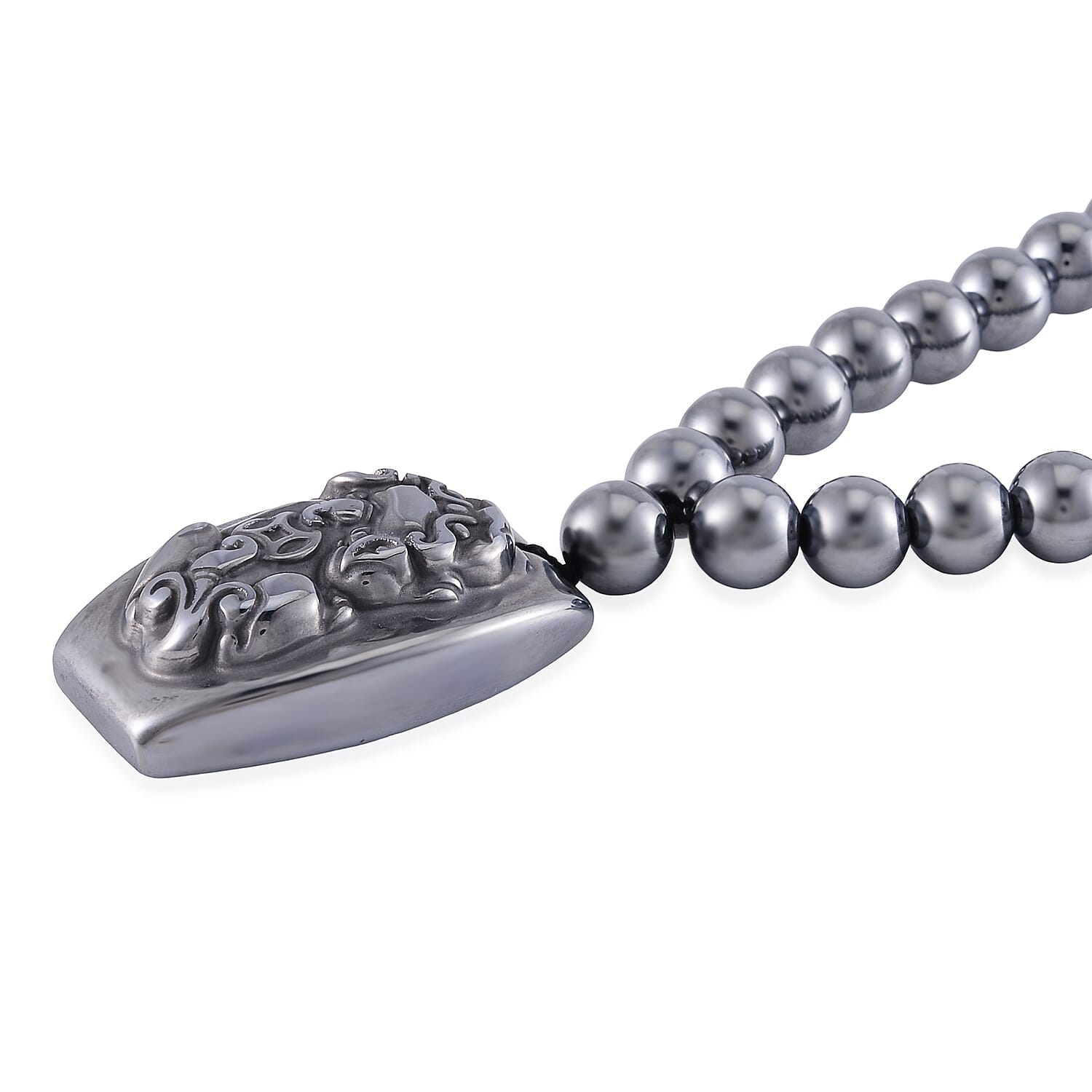 Terahertz Pi-Xiu Carved Men's Pendant with Beaded Necklace 24 Inches in Rhodium Over Sterling Silver 205.00 ctw