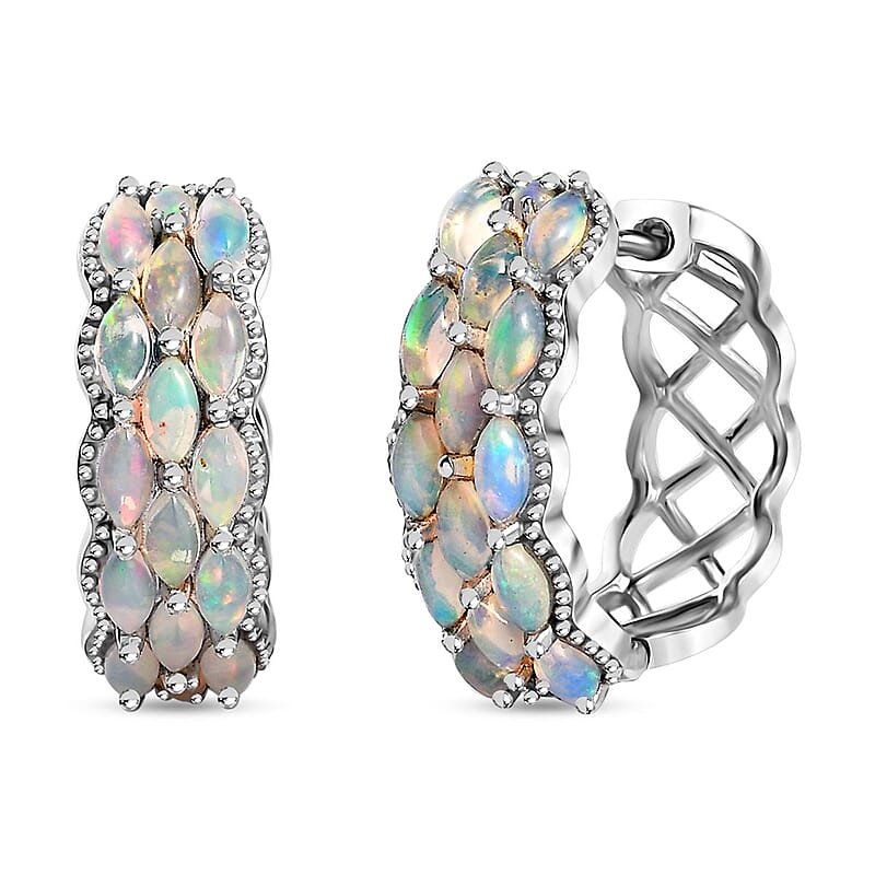 Premium Ethiopian Welo Opal Hoop Earrings in Platinum Over Sterling Silver 3.00 ctw