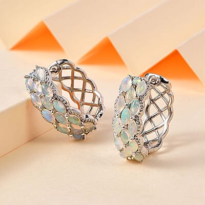 Premium Ethiopian Welo Opal Hoop Earrings in Platinum Over Sterling Silver 3.00 ctw