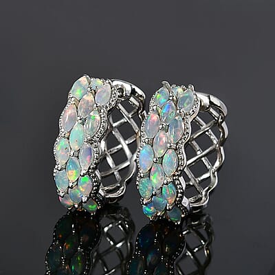 Premium Ethiopian Welo Opal Hoop Earrings in Platinum Over Sterling Silver 3.00 ctw