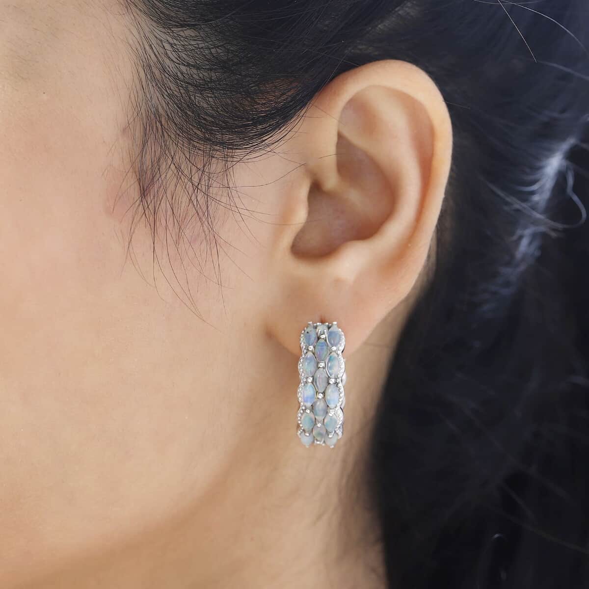 Premium Ethiopian Welo Opal Hoop Earrings in Platinum Over Sterling Silver 3.00 ctw image number 3