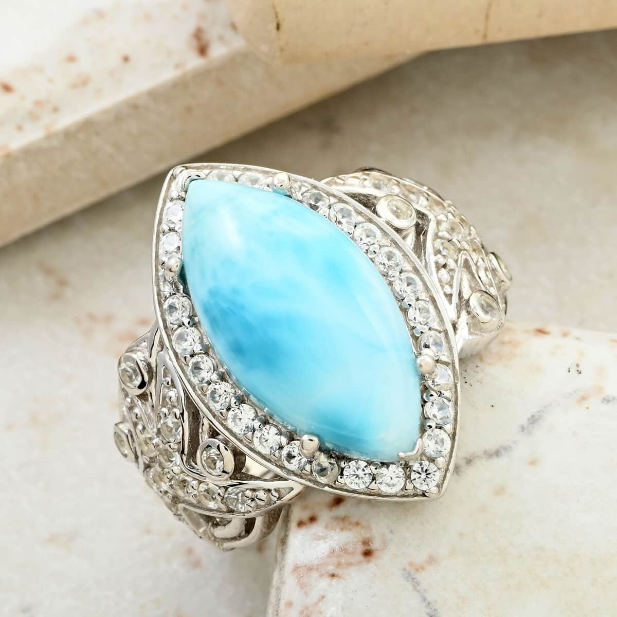 Larimar and White Zircon Starfish Ring in Platinum Over Sterling Silver (Size 10.0) 8.00 ctw image number 1