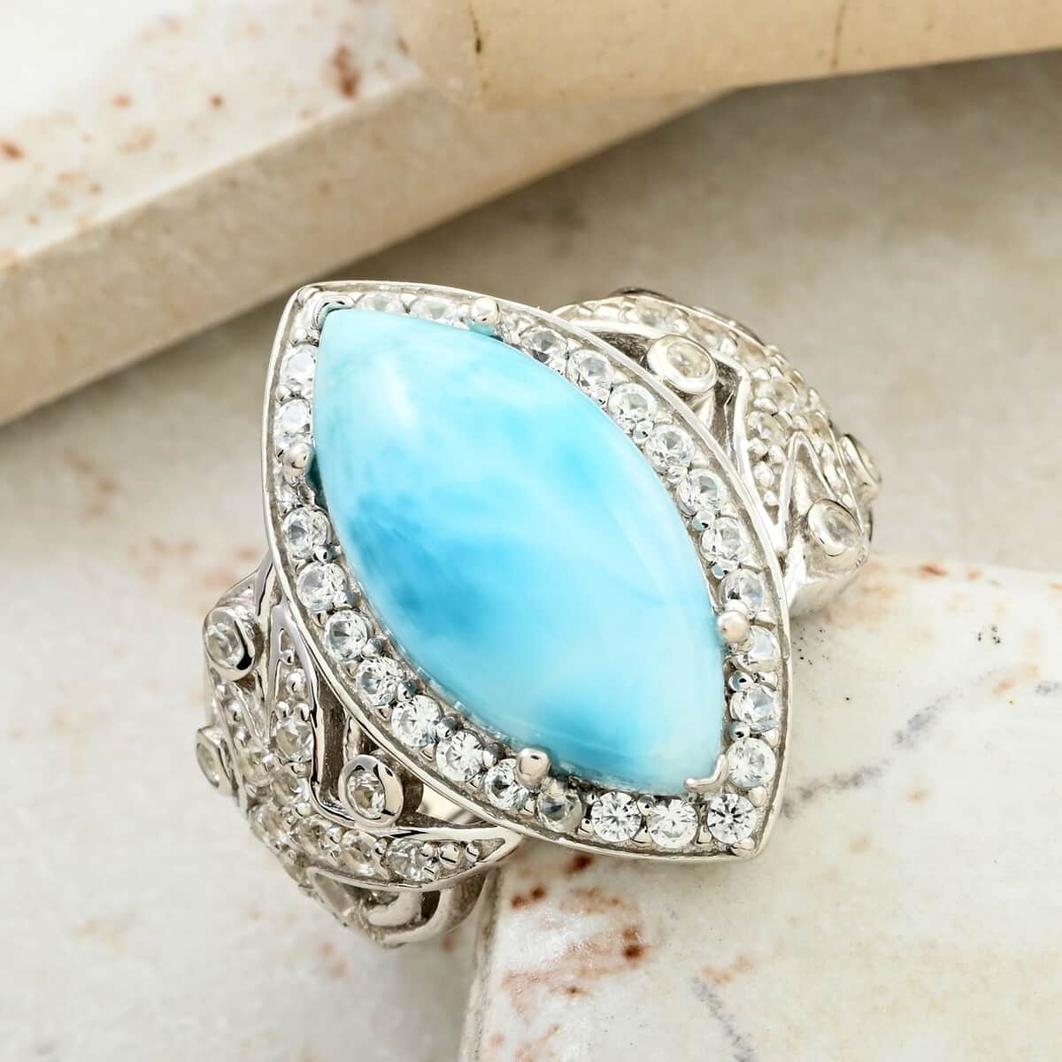 Larimar and White Zircon Starfish Ring in Platinum Over Sterling Silver (Size 6.0) 8.00 ctw image number 1