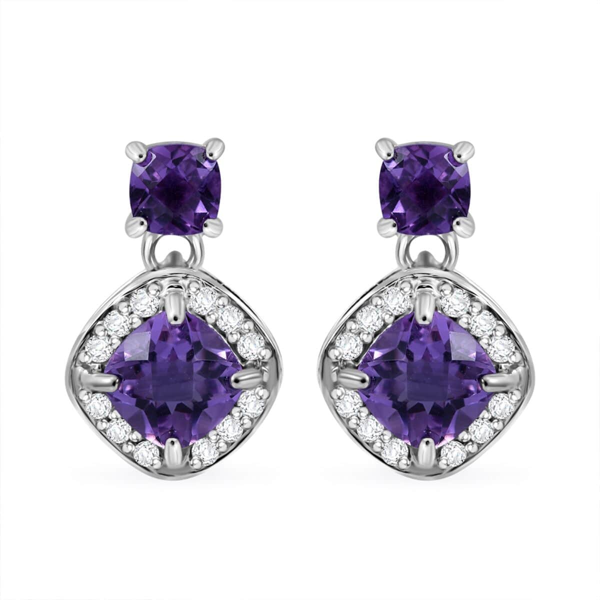 Premium African Amethyst and White Zircon 4.60 ctw Dangle Earrings in Platinum Over Sterling Silver image number 0