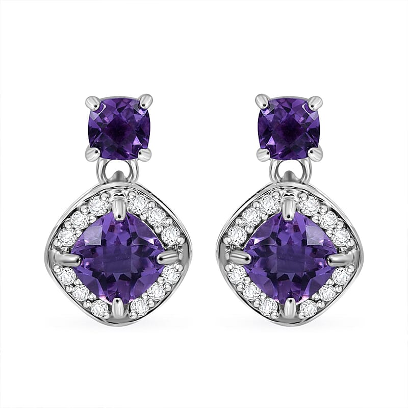 Premium African Amethyst and White Zircon 4.60 ctw Dangle Earrings in Platinum Over Sterling Silver