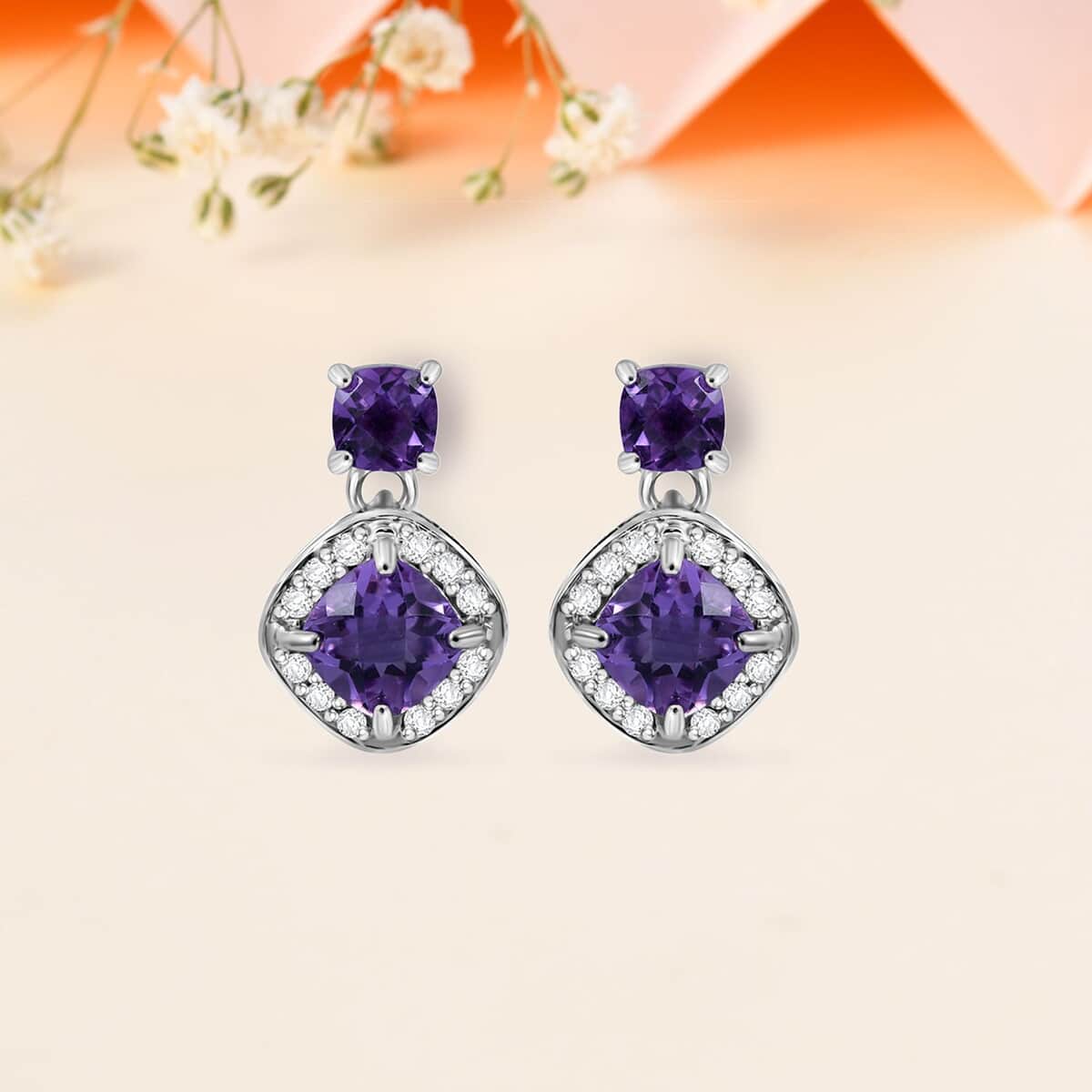 Premium African Amethyst and White Zircon 4.60 ctw Dangle Earrings in Platinum Over Sterling Silver image number 1