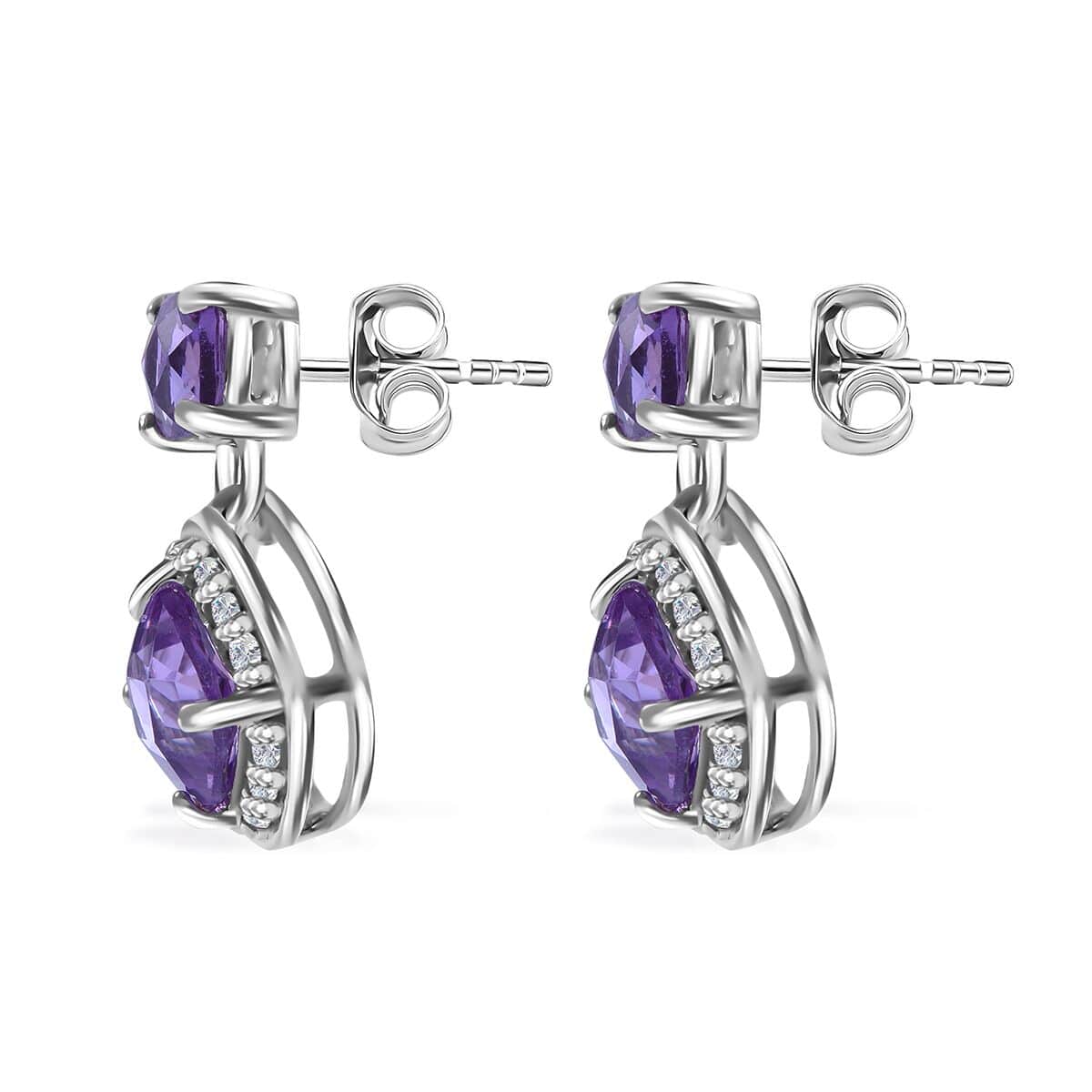 Premium African Amethyst and White Zircon 4.60 ctw Dangle Earrings in Platinum Over Sterling Silver image number 3