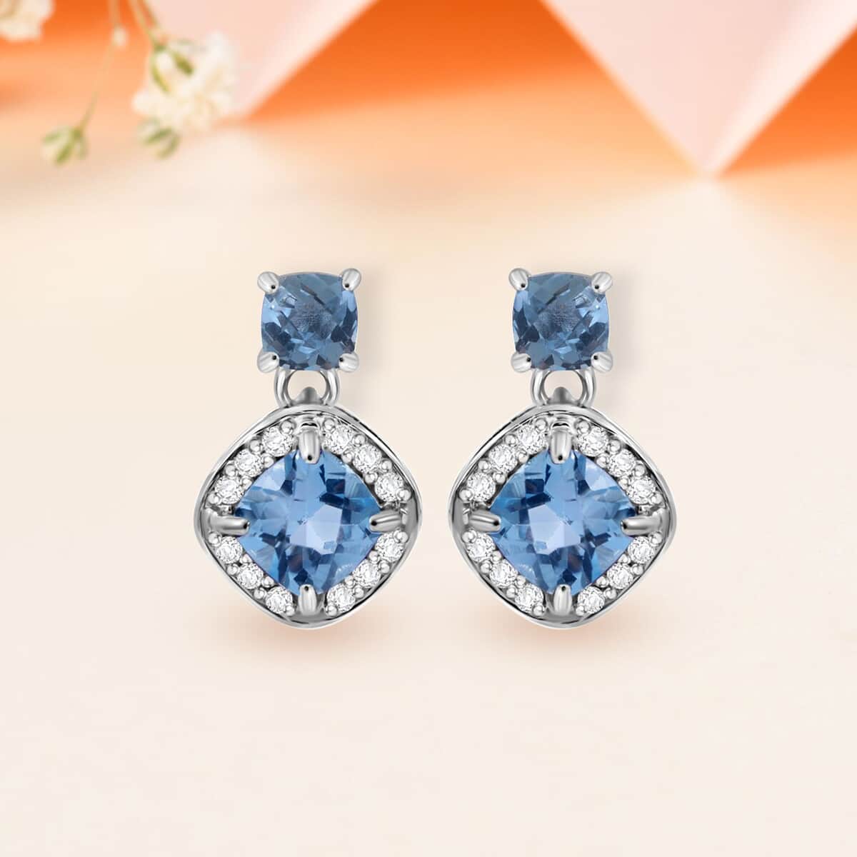 Premium Sky Blue Topaz and White Zircon 4.60 ctw Dangle Earrings in Platinum Over Sterling Silver image number 1