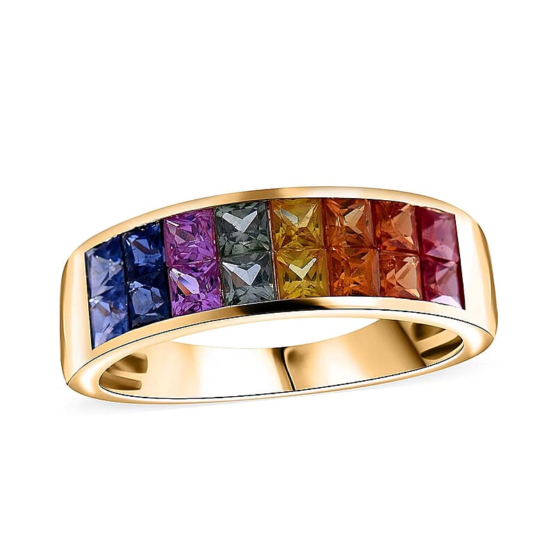 Luxoro AAA Rainbow Sapphire Band Ring in 10K Yellow Gold 2.40 ctw (Size 10.0)