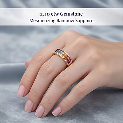 Luxoro AAA Rainbow Sapphire Band Ring in 10K Yellow Gold 2.40 ctw (Size 10.0)